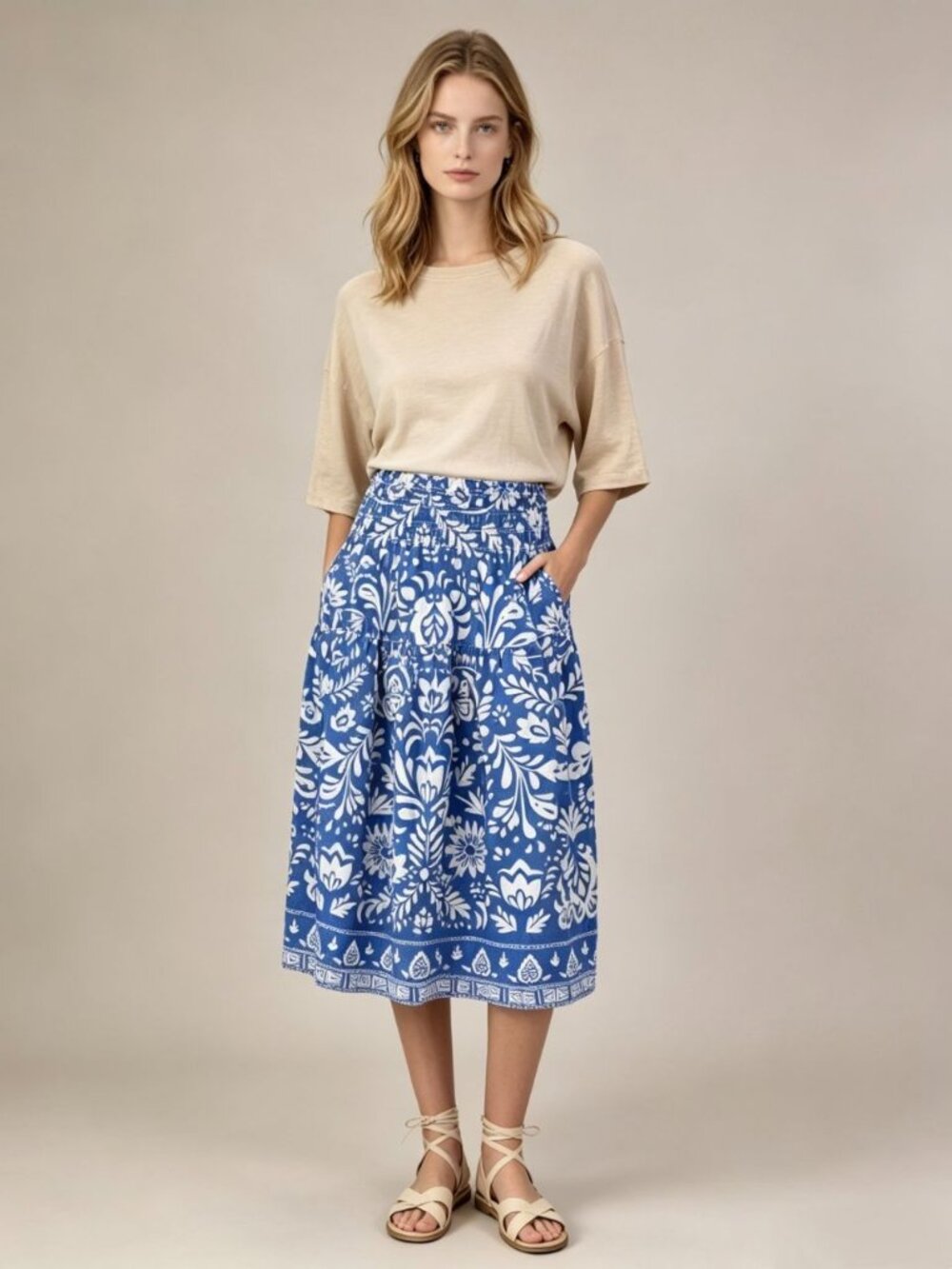 NWOT John Mark Linen Blend Floral Midi Skirt Blue Pull On Size M